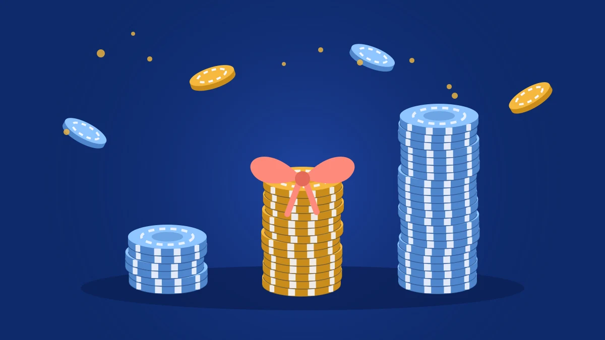 Illustration of three stacks of casino chips of increasing height, the middle one tied with a ribbon