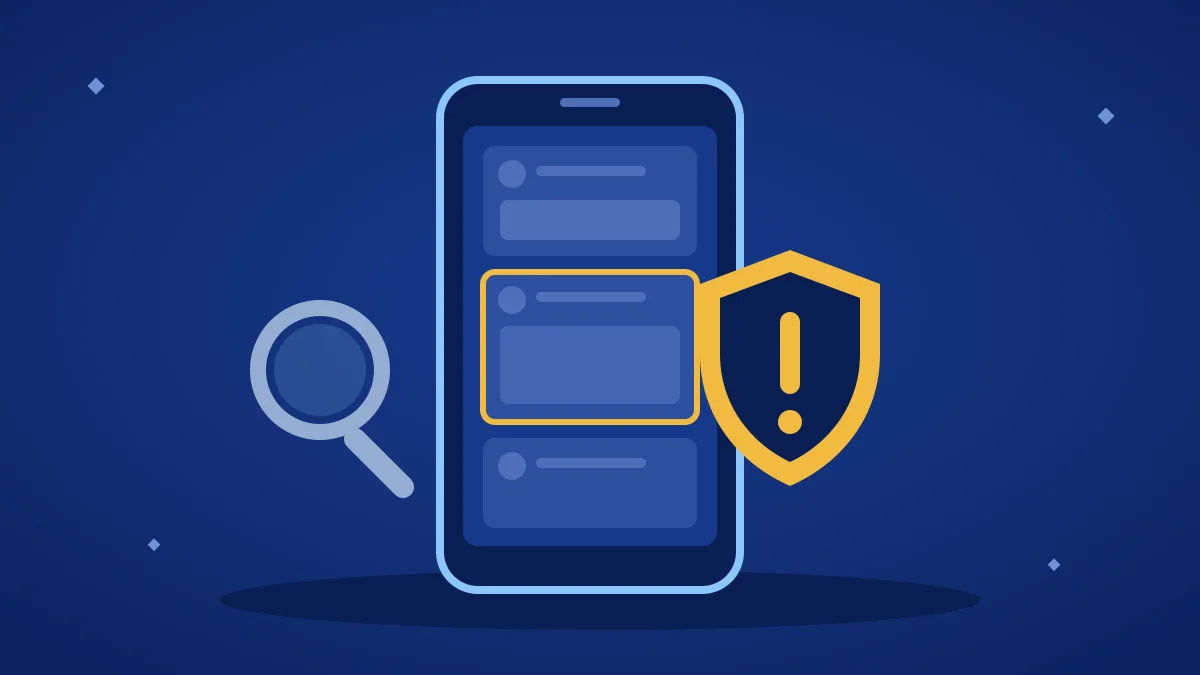 Illustration of a phone feed with one post outlined in gold, a warning shield and a magnifying glass